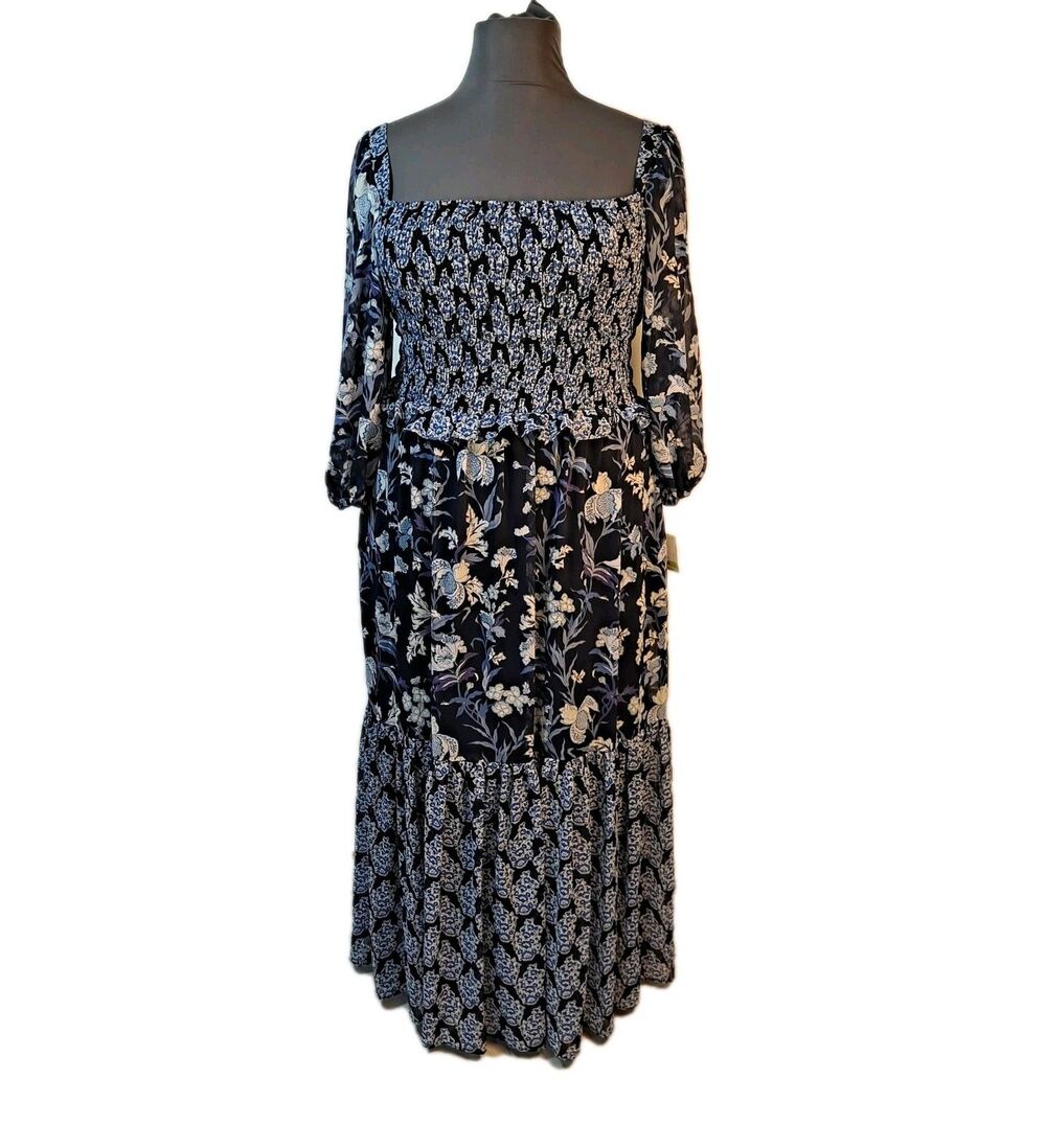 Taylor Women's Maxi Dress Size 18W Mixed Print Smocked Top Tiered Blue Floral